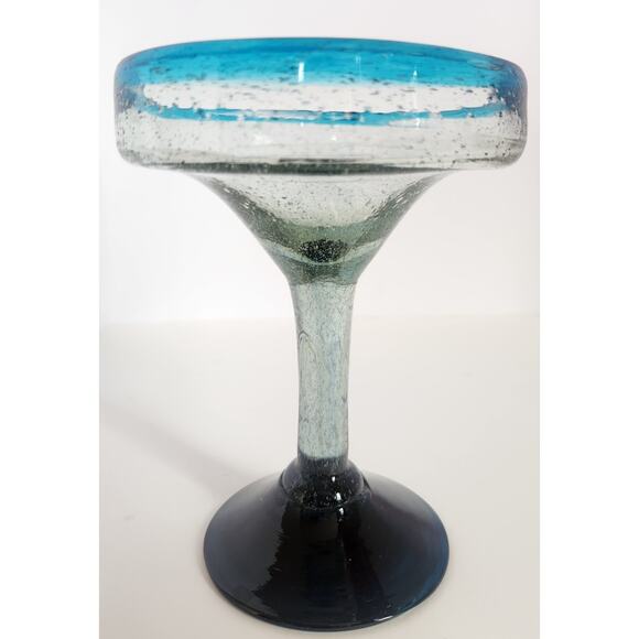 Set 4 Handblown Blue Glass Margarita Goblets Mexico Bubble Rim Vintage Barware - Picture 5 of 12